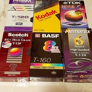 7 New Sealed Blank 6 Hour VCR Tapes Prism Memorex Kodak TDK Scotch + 8hr Fuji